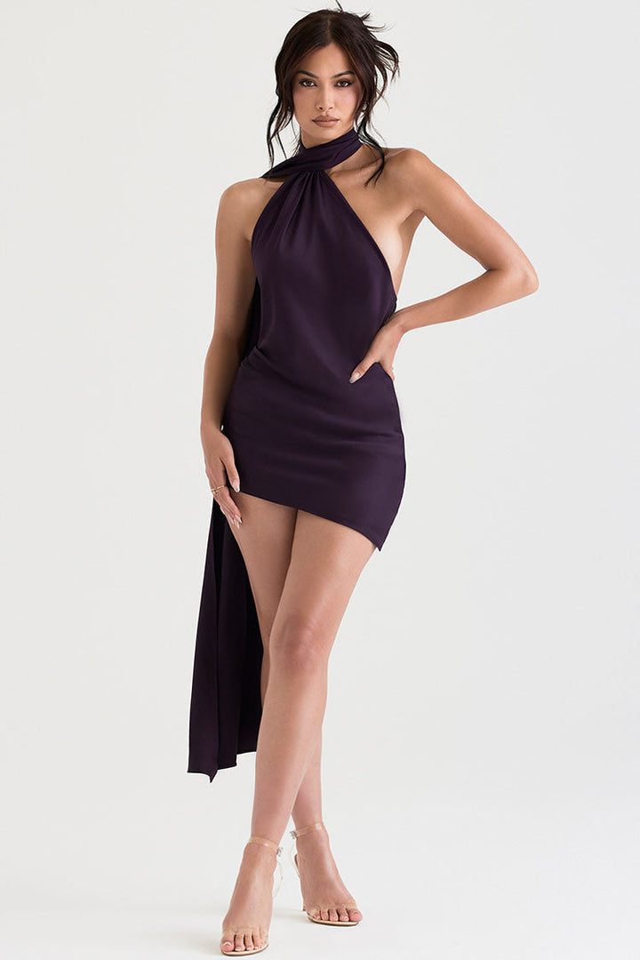 Vestido Mini Roxo de Cetim com Decote Halter, Costas Nuas & Amarração | Lavenda