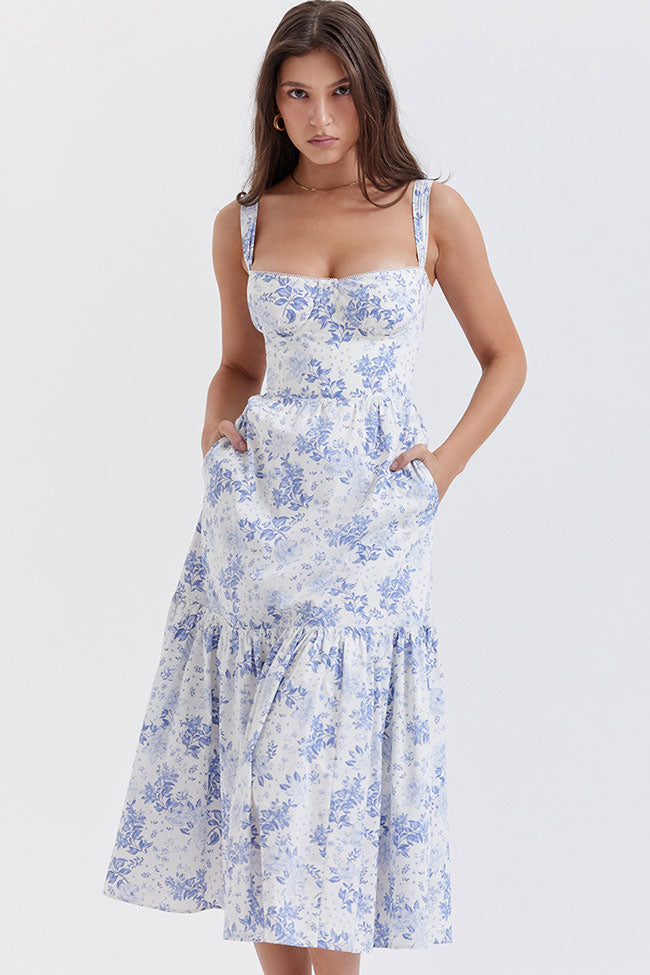 Vestido Midi Azul Estampado Floral com Decote Suave & Babados | Azuré