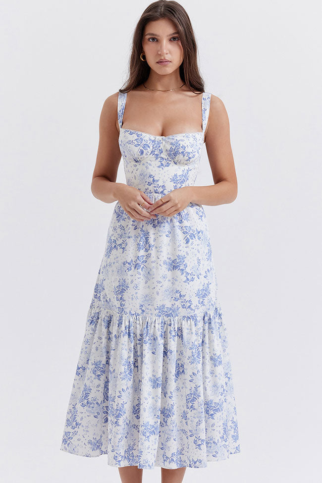 Vestido Midi Azul Estampado Floral com Decote Suave & Babados | Azuré
