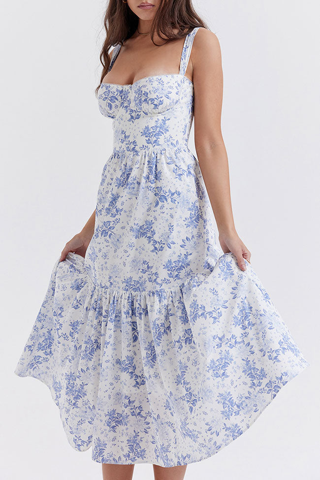 Vestido Midi Azul Estampado Floral com Decote Suave & Babados | Azuré