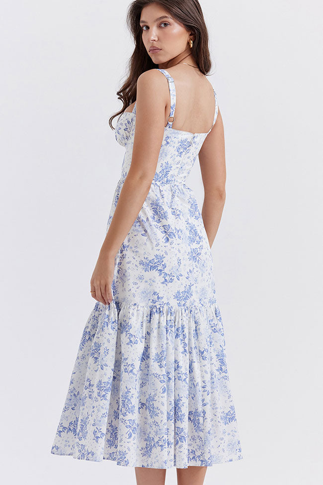 Vestido Midi Azul Estampado Floral com Decote Suave & Babados | Azuré