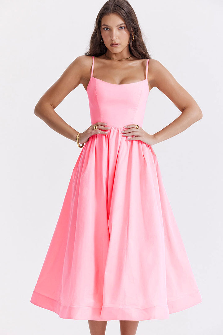 Vestido Midi Rosa com Decote Redondo, Alças Finas & Bolsos Discretos | Carmélia