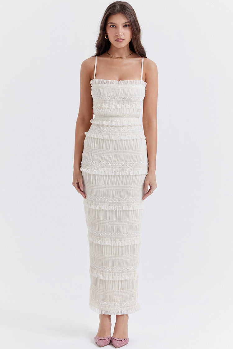 Vestido Maxi Branco com Camadas de Babados, Alças Finas & Detalhe Plissado | Lia