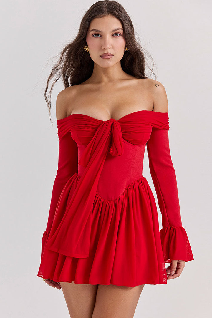 Vestido Mini Vermelho com Laço, Ombro a Ombro & Detalhe em Tule | Ember