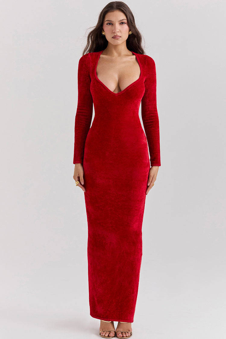 Vestido Maxi Vermelho em Veludo com Decote Coração & Manga Longa | Isadora