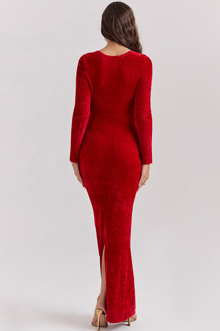 Vestido Maxi Vermelho em Veludo com Decote Coração & Manga Longa | Isadora