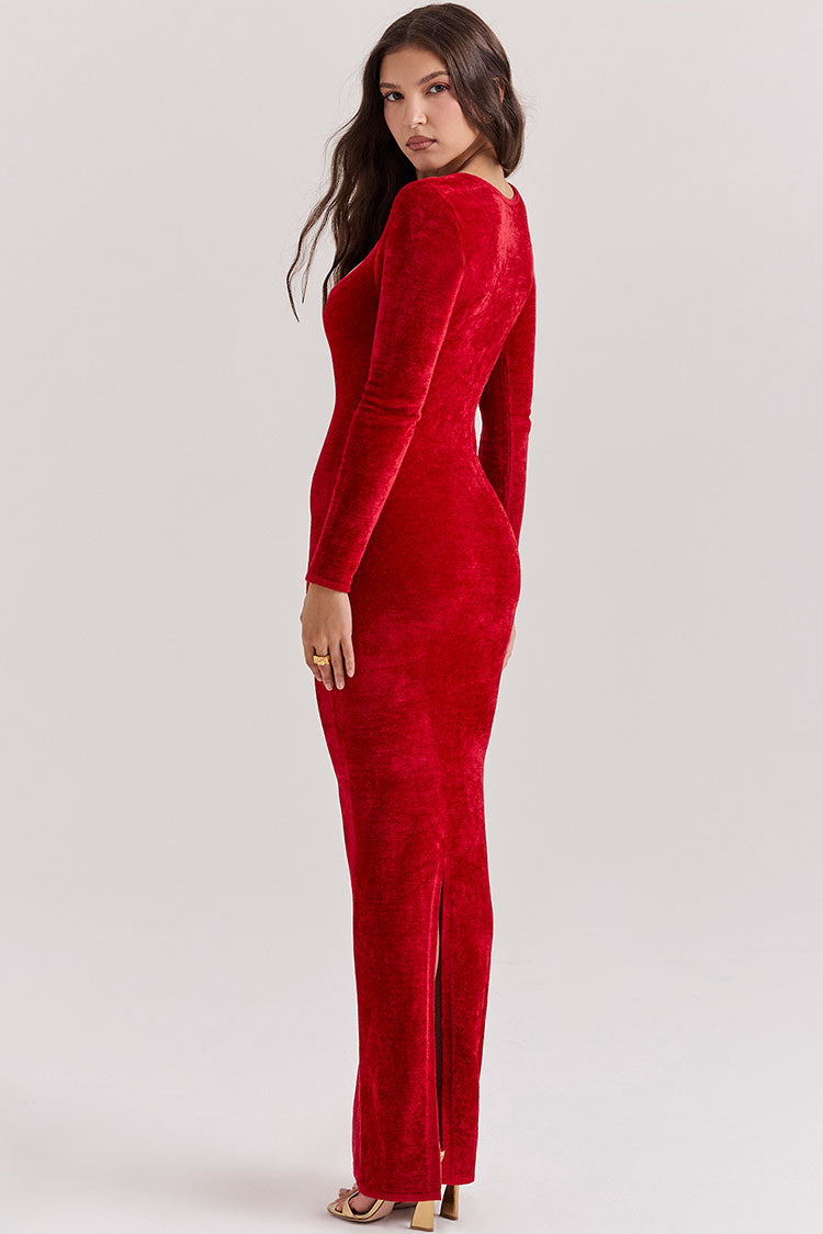 Vestido Maxi Vermelho em Veludo com Decote Coração & Manga Longa | Isadora