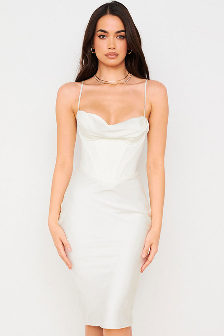 Vestido Midi de Cetim Branco com Decote Drapeado & Corset | Celina