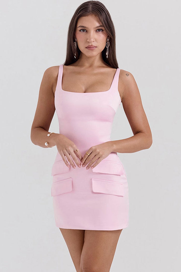 Vestido Mini Rosa de Satim com Decote Quadrado & Modelagem Justa | Valentina