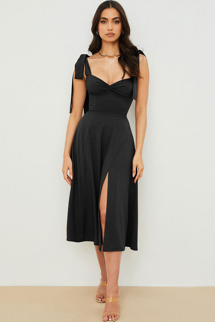 Vestido Midi Preto com Alças Amarradas, Fenda Alta & Detalhe Slip | Marlowe