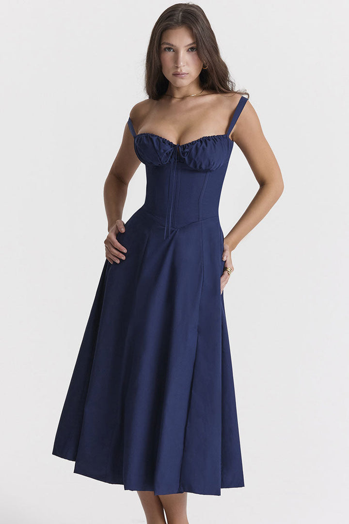 Vestido Midi Azul Marinho com Amarração Frontal, Corset nas Costas & Fenda | Livia